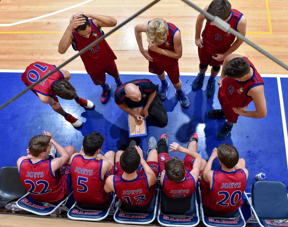 basketball team in huddle with coach